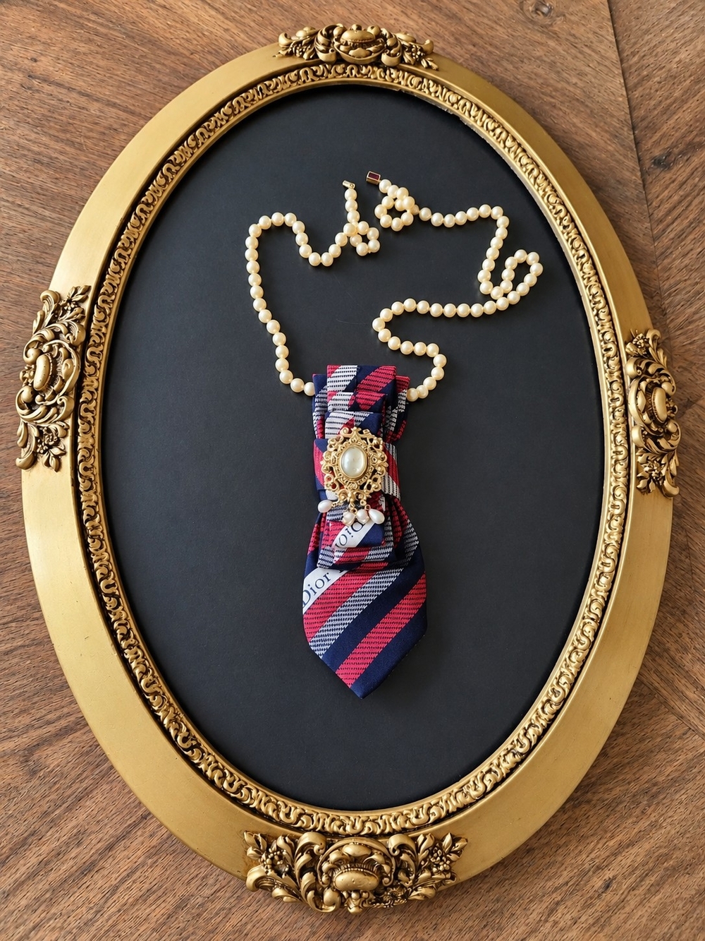 Dior Pearl Chain Necklace with Red & Blue Striped Tie Pendant